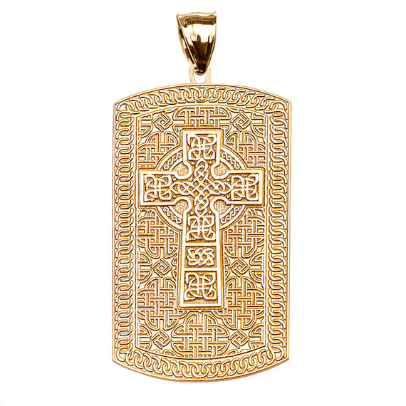 Celtic Cross Trinity Knot Gold Engraveable Dog Tag Pendant Necklace (Available in Yellow/Rose/White Gold)