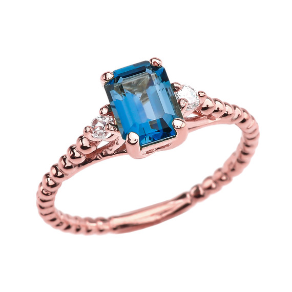 1.5 Carat London Blue Topaz Solitaire Rose Gold Beaded Ring With White Topaz Sidestones