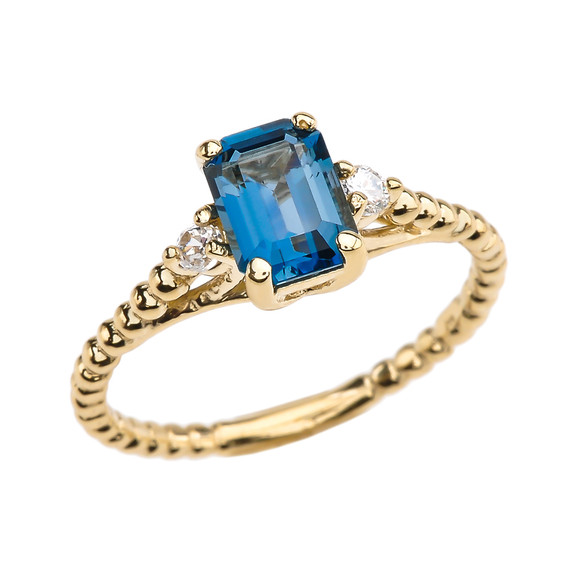 1.5 Carat London Blue Topaz Solitaire Yellow Gold Beaded Ring With White Topaz Sidestones