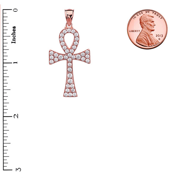 Rose Gold 1.5 Carat CZ Egyptian Ankh Cross Pendant Necklace