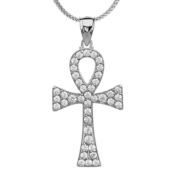 White Gold 1.5 Carat CZ Egyptian Ankh Cross Pendant Necklace