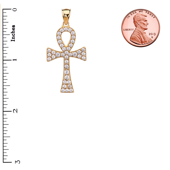 Yellow Gold 1.5 Carat CZ Egyptian Ankh Cross Pendant Necklace