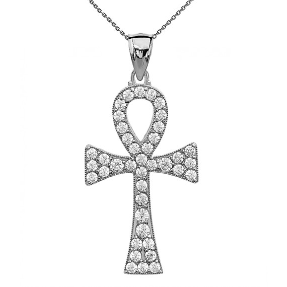 .925 Sterling Silver 1.5 Carat CZ Egyptian Ankh Cross Pendant Necklace