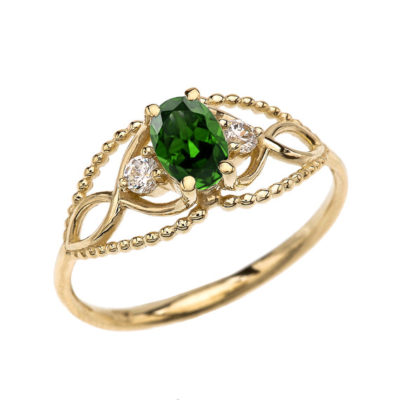 Elegant Beaded Solitaire Ring With Emerald Centerstone and White Topaz in Yellow Gold