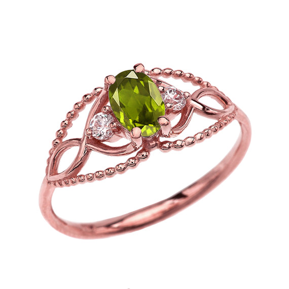 Elegant Beaded Solitaire Ring With Peridot Centerstone and White Topaz in Rose Gold