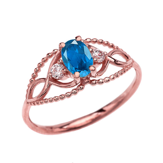 Elegant Beaded Solitaire Ring With Blue Topaz Centerstone and White Topaz in Rose Gold