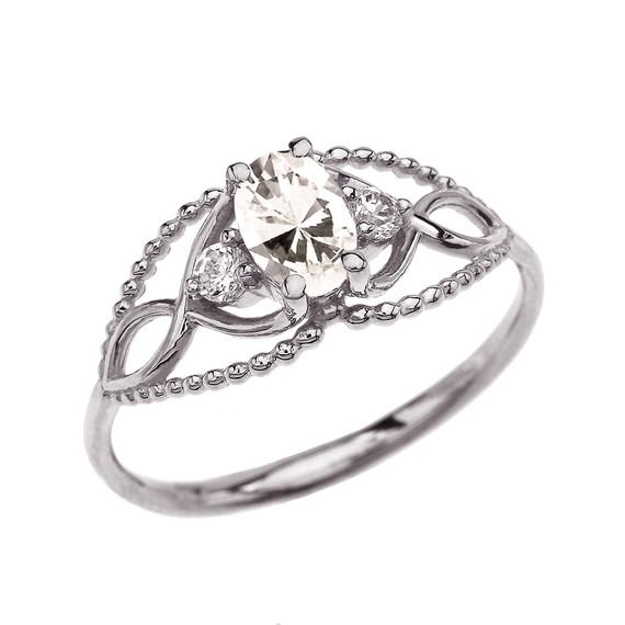 Elegant Beaded Solitaire Ring With April Birthstone CZ Centerstone and White Topaz in White Gold