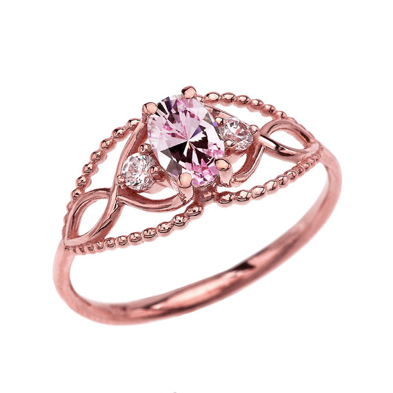 Elegant Beaded Solitaire Ring With October Birthstone Pink CZ Centerstone and White Topaz in Rose Gold