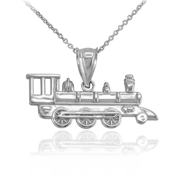 White Gold Steam Train Pendant Necklace