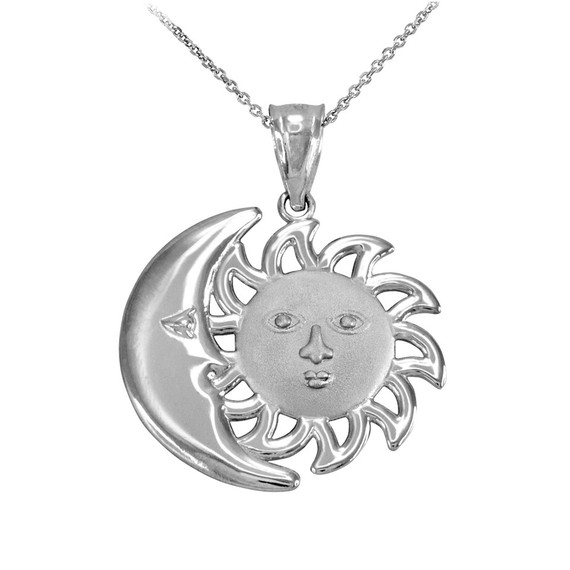 White Gold Moon and Sun Pendant Necklace