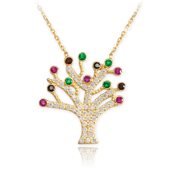14K Yellow Gold Pave Tree of Life Adjustable Necklace with Multi-Color CZ's