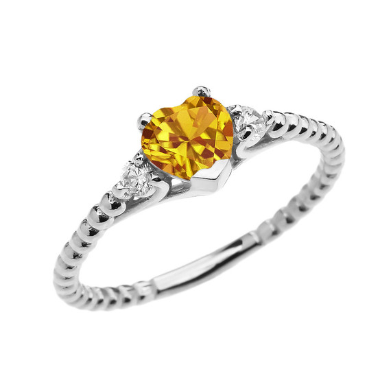 Gold Solitaire Heart And White Topaz Yellow Gold Beaded Band Promise Ring(Available In Yellow/Rose/White Gold)