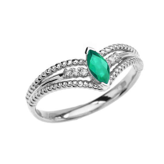 White Gold Diamond And (LCE) Emerald Modern Beaded Engagement Ring