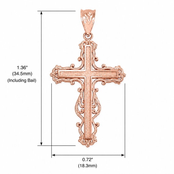 Rose Gold Latin Fancy Cross Pendant Necklace with Dimensions