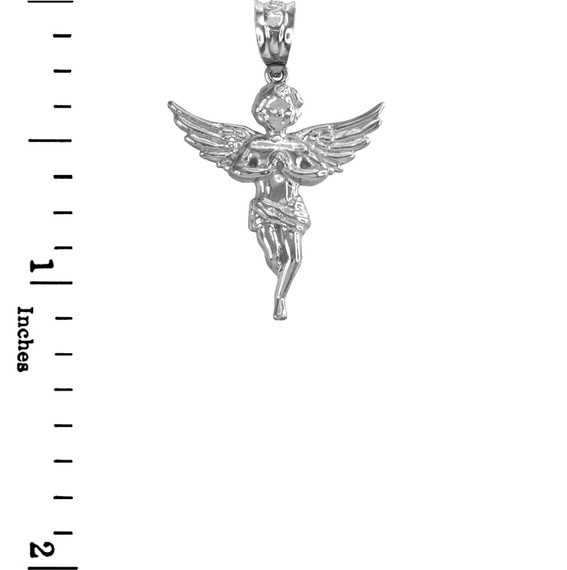 .925 Sterling Silver Textured Praying Angel Pendant Necklace
