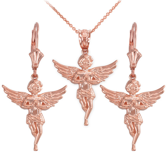 14k Gold Textured Praying Angel Necklace Earring Set(Available in Yellow/Rose/White Gold)