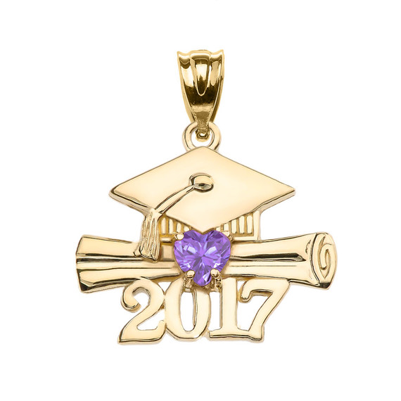 Gold Heart Birthstone CZ Class of 2017 Graduation Pendant Necklace (Available in Yellow/Rose/White Gold)