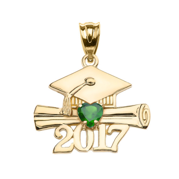 Gold Heart Birthstone CZ Class of 2017 Graduation Pendant Necklace (Available in Yellow/Rose/White Gold)