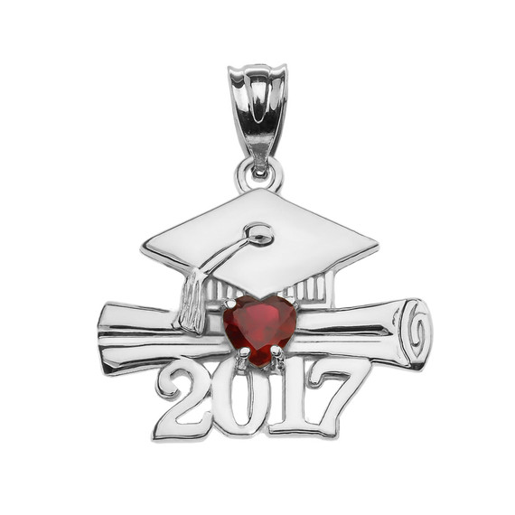 Sterling Silver Heart January Birthstone Garnet CZ Class of 2017 Graduation Pendant Necklace