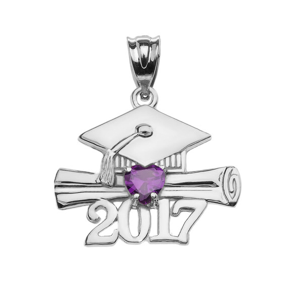 White Gold Heart February Birthstone Amethyst CZ Class of 2017 Graduation Pendant Necklace