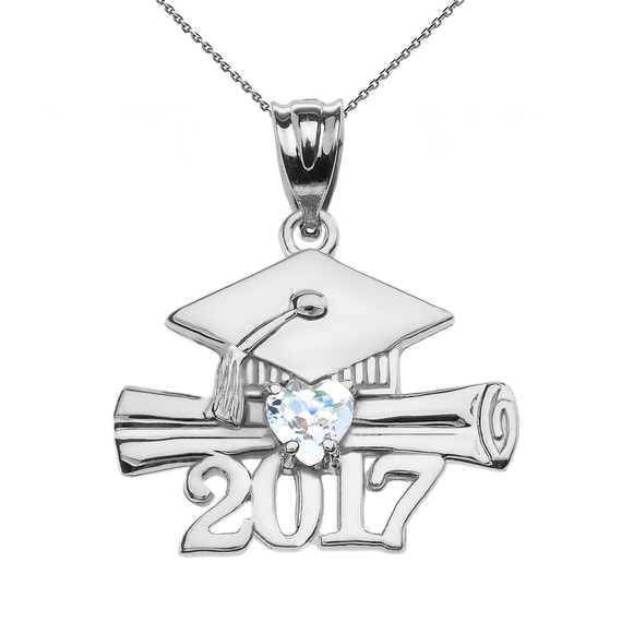 White Gold Heart March Birthstone Aqua CZ Class of 2017 Graduation Pendant Necklace