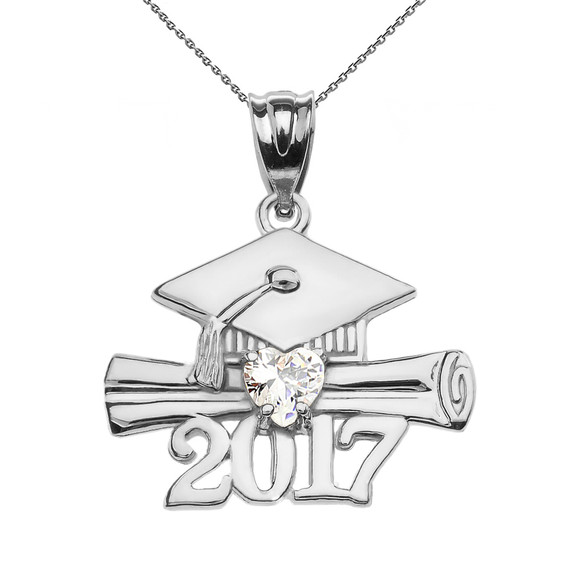 White Gold Heart April Birthstone White CZ Class of 2017 Graduation Pendant Necklace