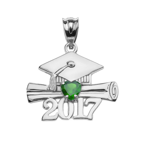 White Gold Heart May Birthstone Green CZ Class of 2017 Graduation Pendant Necklace
