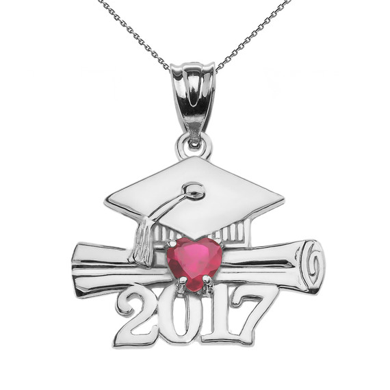 White Gold Heart July Birthstone Red CZ Class of 2017 Graduation Pendant Necklace