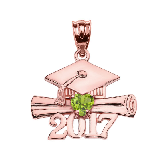 Rose Gold Heart August Birthstone Light Green CZ Class of 2017 Graduation Pendant Necklace