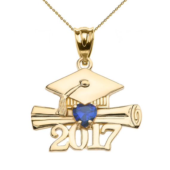 Yellow Gold Heart September Birthstone Blue CZ Class of 2017 Graduation Pendant Necklace