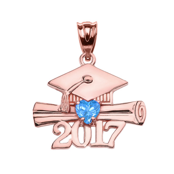 Rose Gold Heart December Birthstone Light Blue Class of 2017 Graduation Pendant Necklace