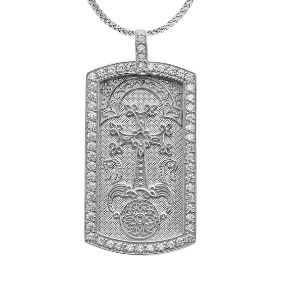 Armenian Cross "Khachkar" Diamond Gold Dog Tag Pendant Necklace (Available in Yellow/Rose/White Gold)