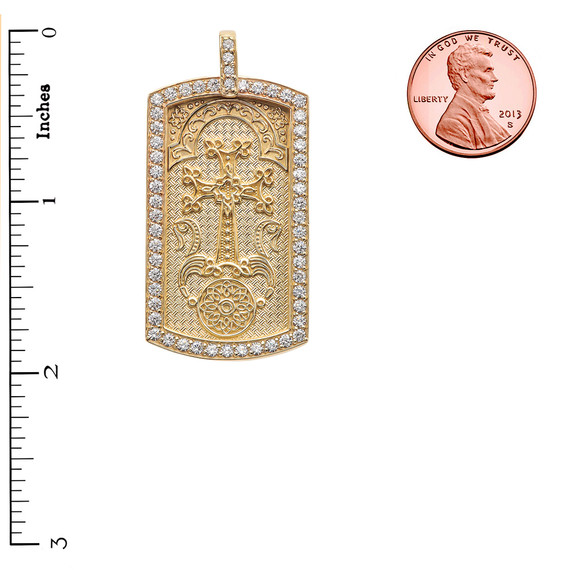 Armenian Cross "Khachkar" Diamond Gold Dog Tag Pendant Necklace (Available in Yellow/Rose/White Gold)
