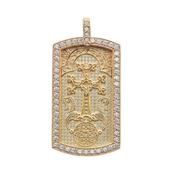 Armenian Cross "Khachkar" Diamond Gold Dog Tag Pendant Necklace (Available in Yellow/Rose/White Gold)