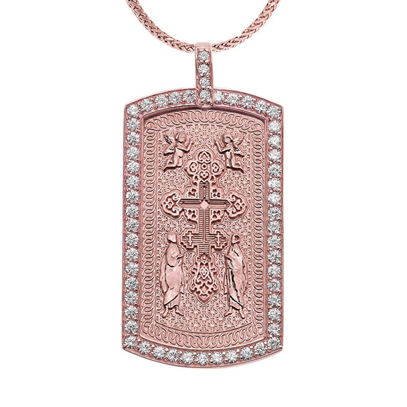 Eastern Orthodox Cross Diamond Gold Dog Tag Pendant Necklace (Available in Yellow/Rose/White Gold)