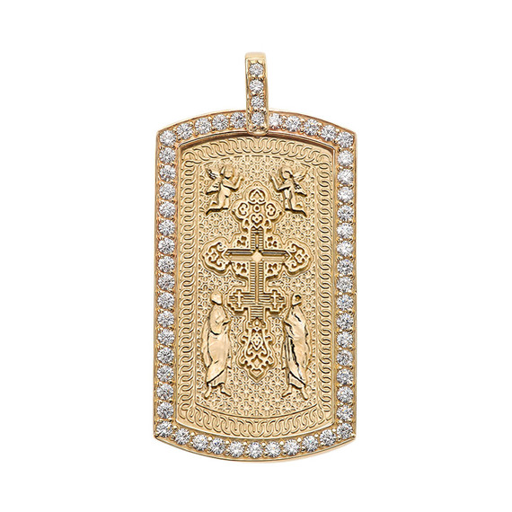 Eastern Orthodox Cross Diamond Gold Dog Tag Pendant Necklace (Available in Yellow/Rose/White Gold)