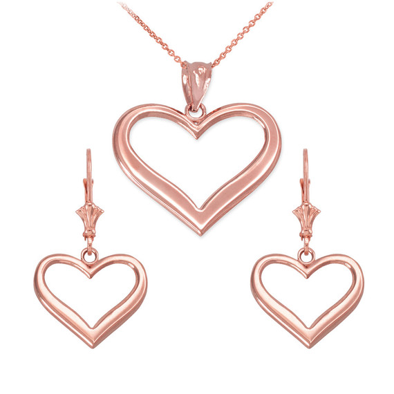 14K Gold Polished Open Heart Necklace Earring Set(Available in Yellow/Rose/White Gold)