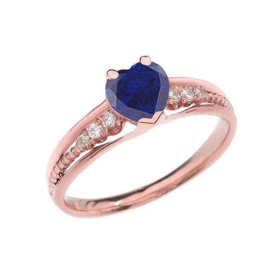 Diamond And (LCS)September Birthstone Sapphire Heart Rose Gold Beaded Proposal Ring