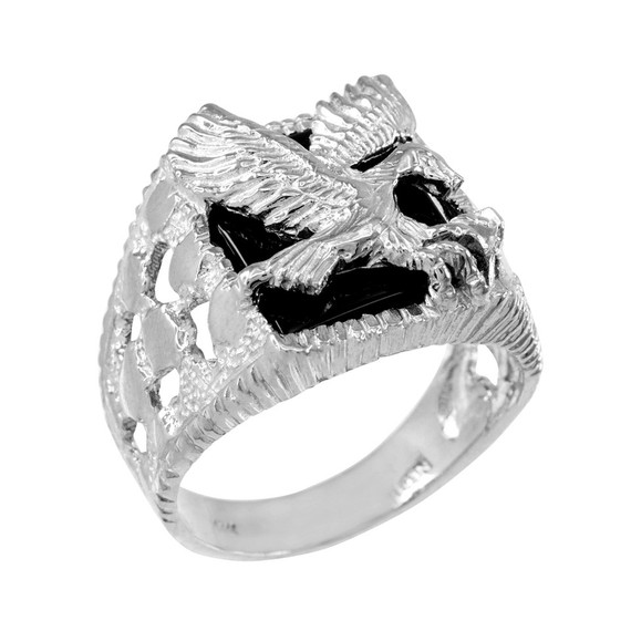 White Gold Eagle Black Onyx Ring