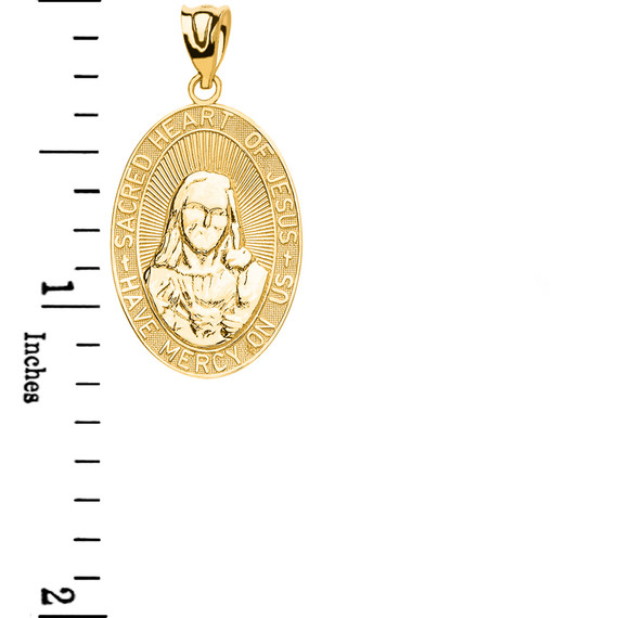 Yellow Gold Small Sacred Heart Of Jesus Pendant with measurement