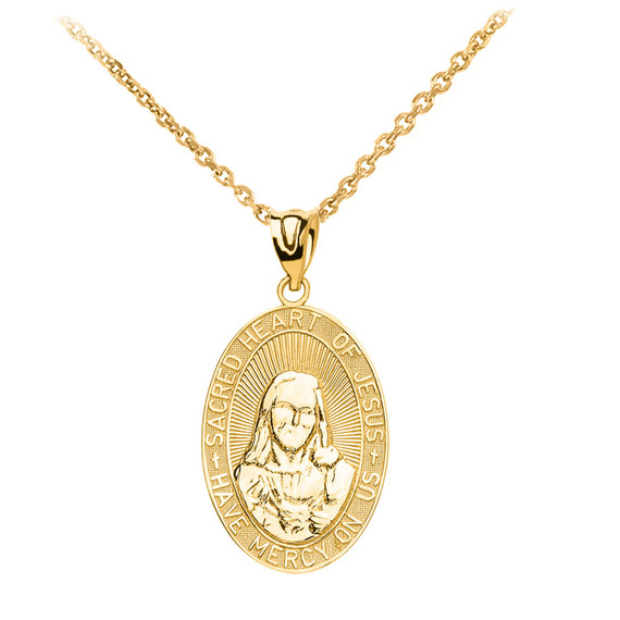 Yellow Gold Medium Sacred Heart Of Jesus Pendant Necklace