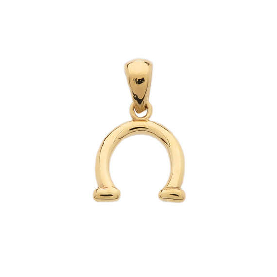 Reversible Diamond and High Polish Plain Horse Shoe Good Luck Yellow Gold Charm Dainty Pendant Necklace