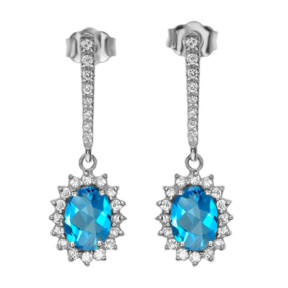 Diamond And Blue Topaz White Gold Elegant Earrings