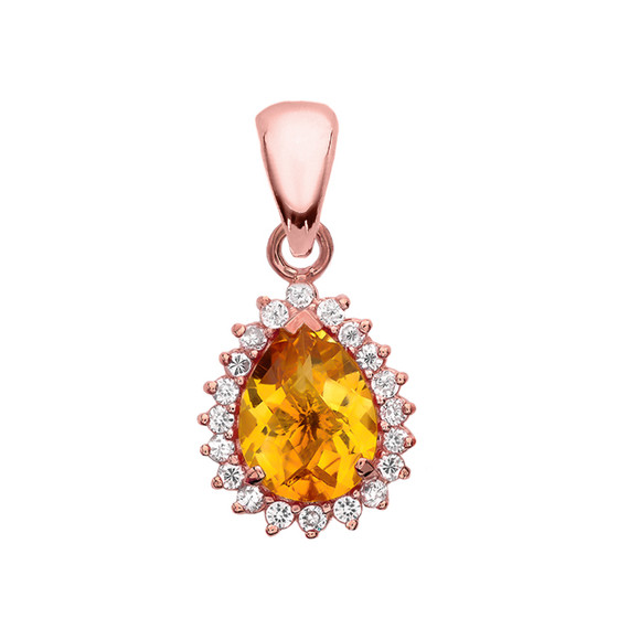 Diamond And Checkerboard Citrine Rose Gold Elegant Pendant Necklace