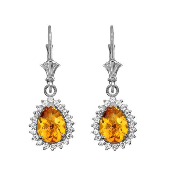 Diamond And Checkerboard Citrine White Gold Dangling Earrings