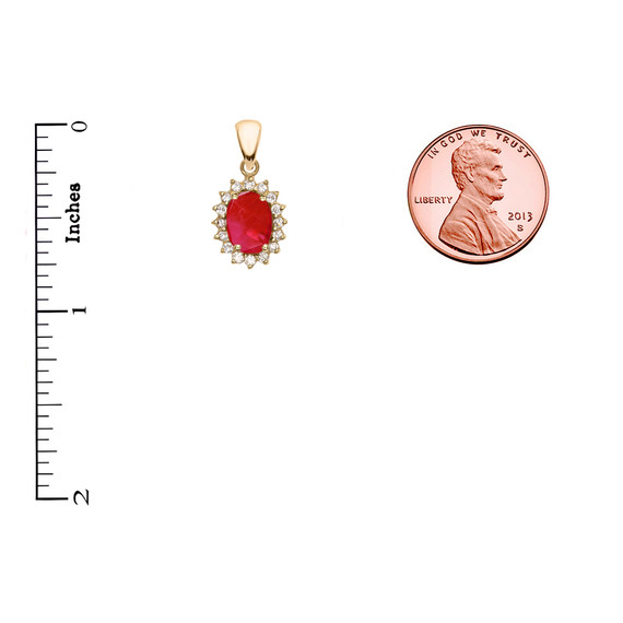 Diamond And July Birthstone Ruby Yellow Gold Elegant Pendant Necklace