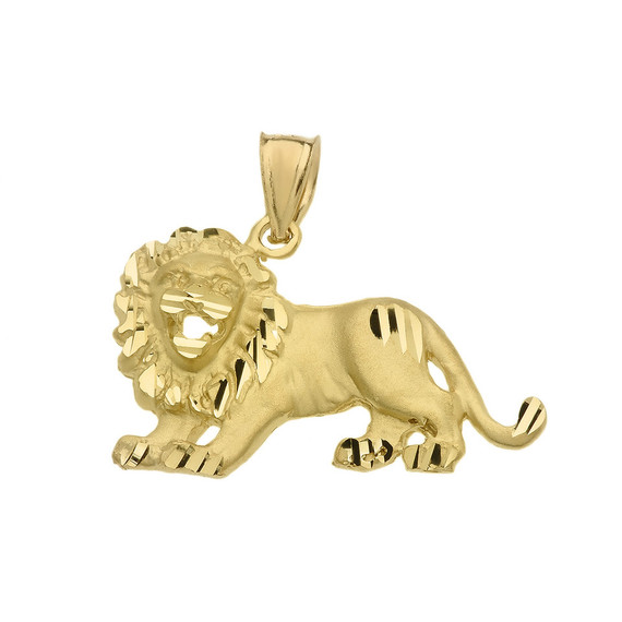 Satin Finish Diamond Cut Gold Roaring Lion Charm Pendant Necklace