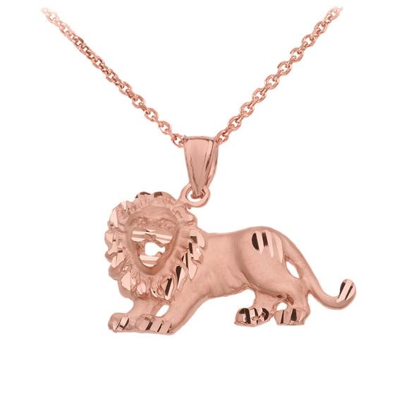 Satin Finish Diamond Cut Gold Roaring Lion Charm Pendant Necklace