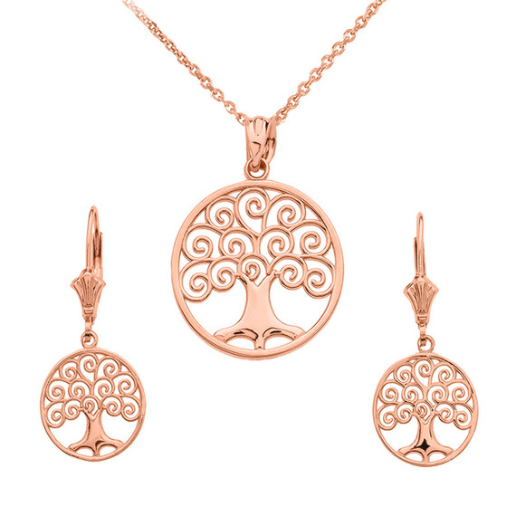 14K Gold Polished Tree of Life Openwork Necklace Earring Set