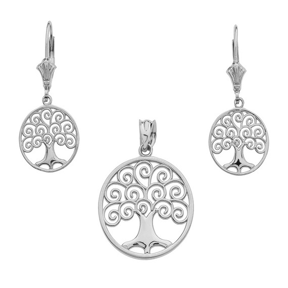 Sterling Silver Polished Tree of Life Openwork Necklace Earring Set